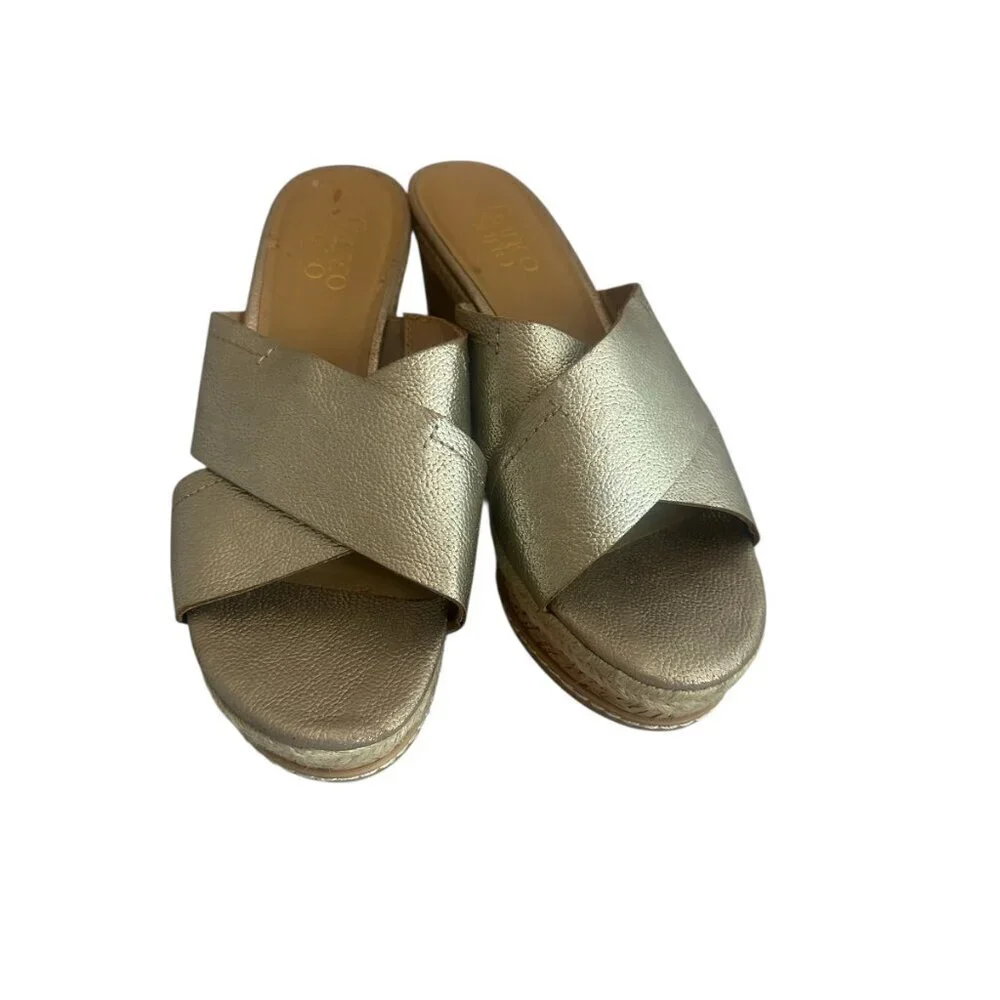 Franco Sarto Gold Slip-On Slide Wedge Sandals Metallic Comfort Size 9.5 Women's